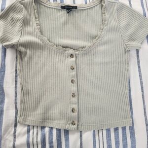 Forever 21 Ribbed Button-Down Top - Light Cream Green